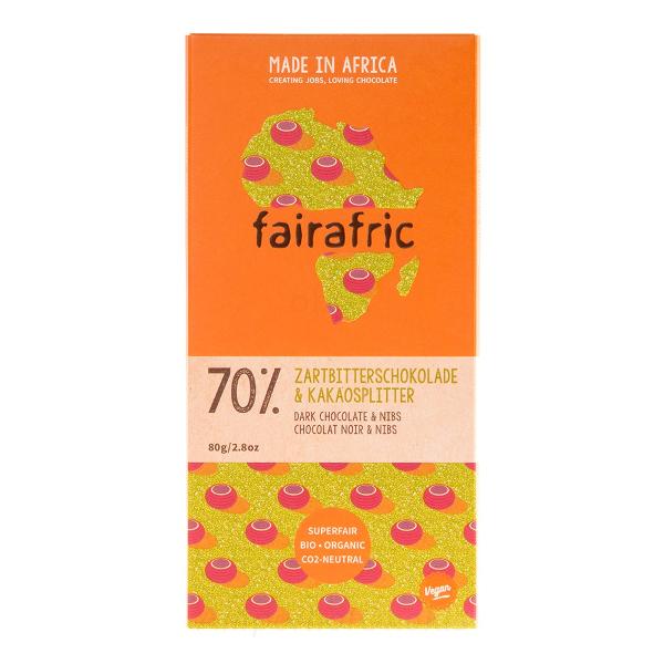 Produktfoto zu fairafric Zartbitterschokolade 70% mit Kakaonibs 80 g