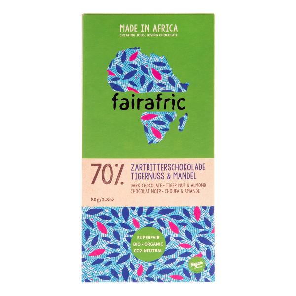 Produktfoto zu fairafric Zartbitterschokolade 70% mit Tigernuss und Mandel 80 g