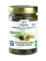 MANI Grüne & Kalamata Oliven al naturale mit Rosmarin, entkernt, bio, NL Fair