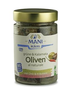 Grüne & Kalamata Oliven mit Chili & Kräutern 205g