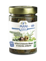 MANI Grüne & Kalamata Oliven al naturale Mediter. Kräutern, entk., bio, NL Fair