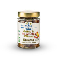 MANI Grüne & Kalamata Oliven al naturale, Chili & Kräutern, bio, NL Fair, 205g