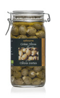 Grüne Oliven gefüllt mit Knoblauch, in Kräuteröl, kaltverarbeitet