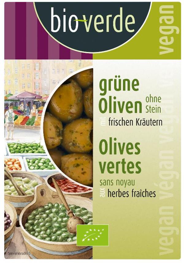 Produktfoto zu VPE Grüne Oliven ohne Stein mit frischen Kräutern mariniert 6x150g bio-verde