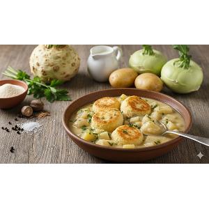 Kohlrabi-Sellerie-Eintopf mit Grießnockerl