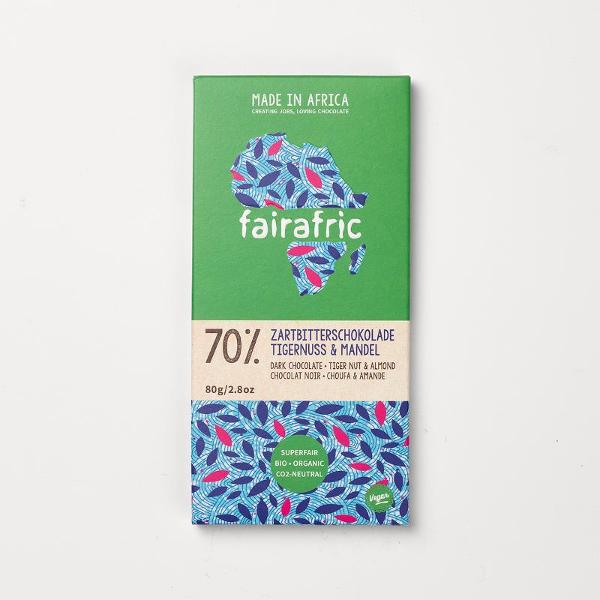 Produktfoto zu Fairafric Zartbitterschokolade 70% Tigernuss Mandel